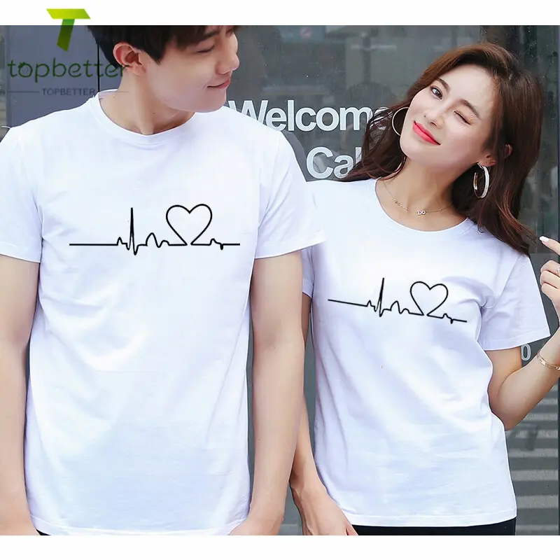 NEW Topbetter Couple T-shirt Summer Short Sleeve Lovers Tops Women with Heart Pattern Pasangan lengan pendek