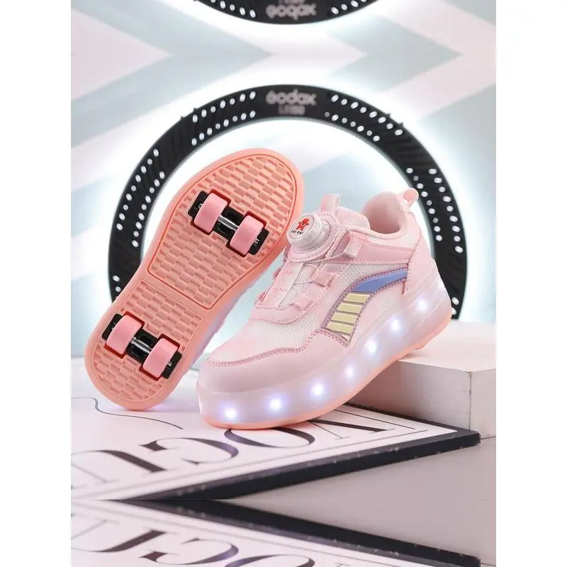 Kids Colorblock Patched Design Skate Shoes, Light Up Lazy No Tie Up Spin Rotating Automatic Buckle Skate Shoes, Detachable Wheels with Lights To Shine Rechargeable Skate 2024 Fall Shoes for Boys & Girls, Gift Ideas for Best Friend,  Trending Shoes