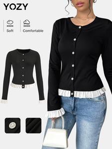YOZY Women's Colorblock Frill Trim Button Tee, Casual Long Sleeve Round Neck T-shirt for Spring & Fall, Women's Top for Daily Wear