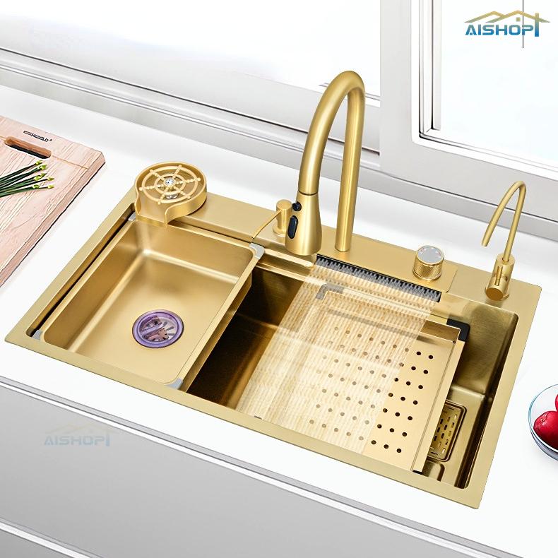 Product Introduction of [SG Seller]SUS 304 Stainless Steel Pullout Faucet Tap Gold Waterfall Kitchen Sink  Single Basin Bowl Tank Tap 1