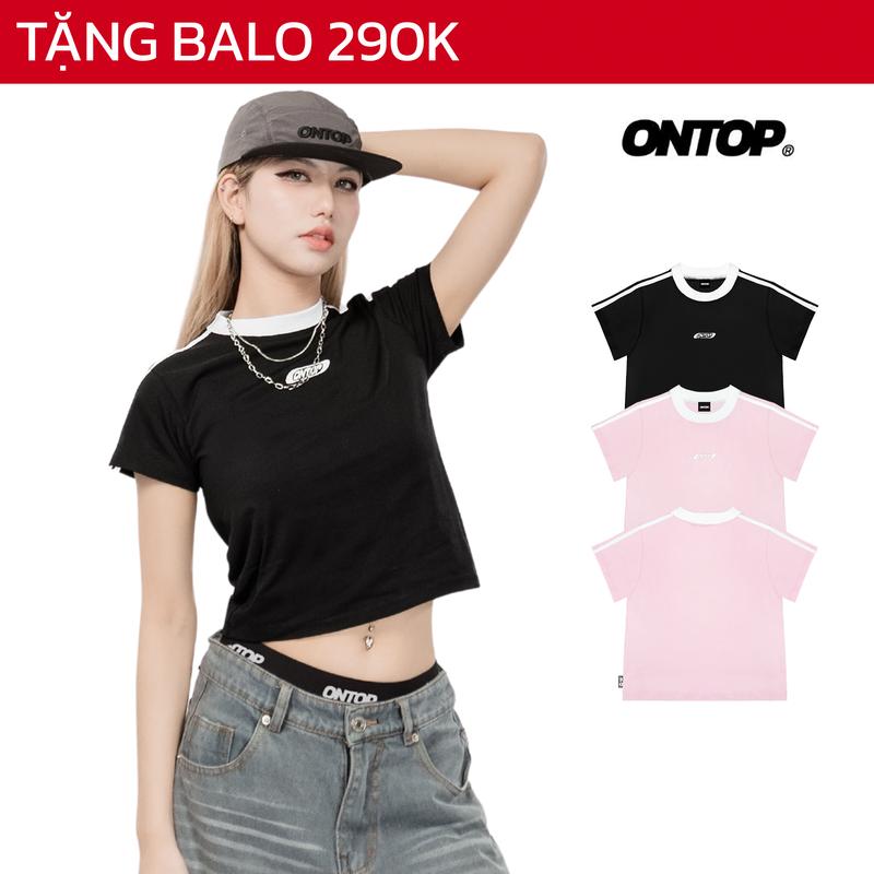 Áo baby tee sọc vai tay ngắn ONTOP vải thun cotton mềm mịn thoáng mát màu đen hồng local brand Stipes | O22-T2