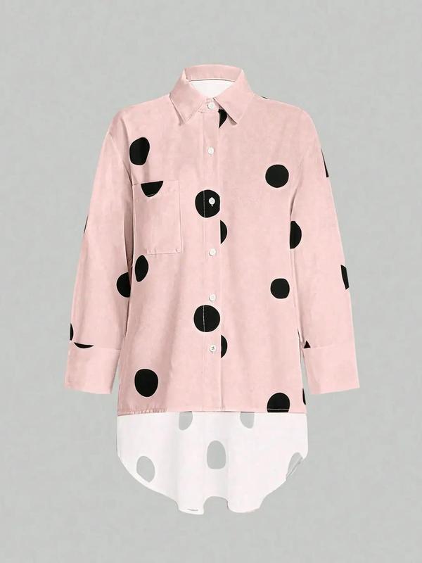 Women's Polka Dot Print Curved Hem Shirt, Casual Button Front Long Sleeve Top for Summer, Fashion Women's Top for Daily Wear, Blouse 2