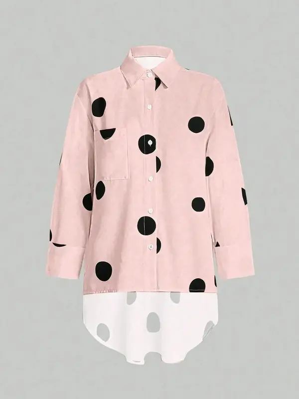 Women's Polka Dot Print Curved Hem Shirt, Casual Button Front Long Sleeve Top for Summer, Fashion Women's Top for Daily Wear, Blouse 2
