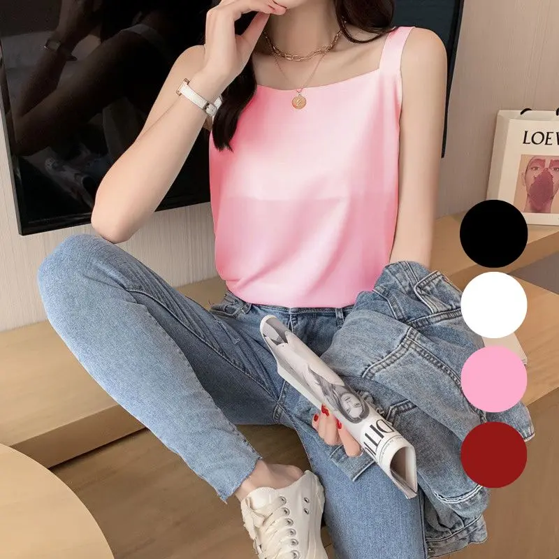Áo hai dây nữ lụa cổ vuông Top Women Nhung AO0010 - Hồng, Trắng, Đỏ đô, Đen, Xanh rêu -  tank nu yếm hở lưng mặc  tube 3 lỗ 4