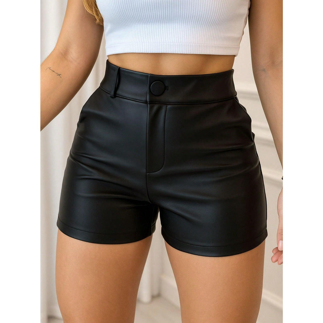 Short de Couro Feminino Cintura Alta Com Bolsos Lateral Moda Elegante