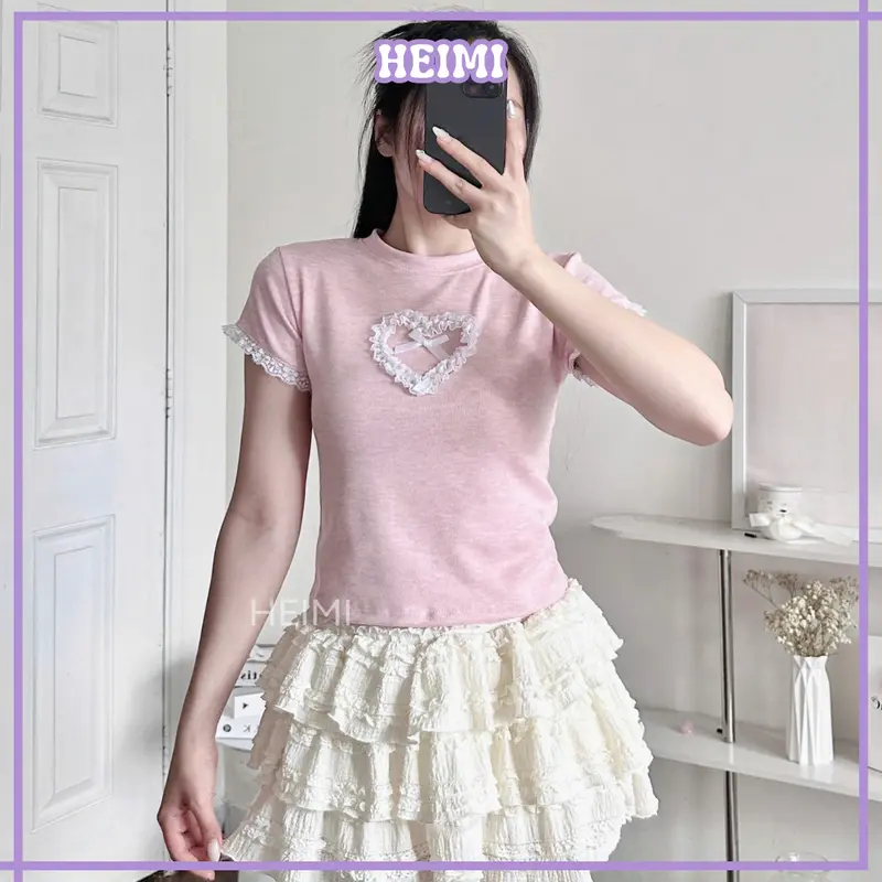 Áo Thun Nữ Phối Ren Trái Tim HEIMI, Áo Baby Tee Form Ôm Body Dễ Thương Chất Len Tăm Mềm Mịn 2