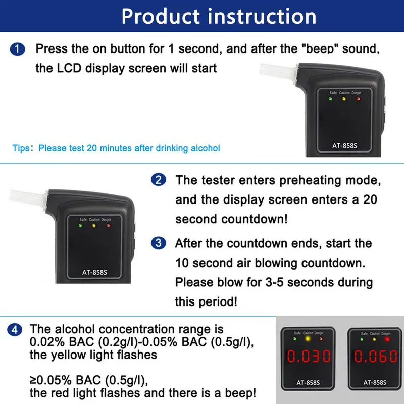 Portable Breath Alcohol Tester, High Accuracy Breathalyzer with 10 Blow Mouths, Multifunctional Handheld Breathalyzer for Personal, Boyfriend Gift 3