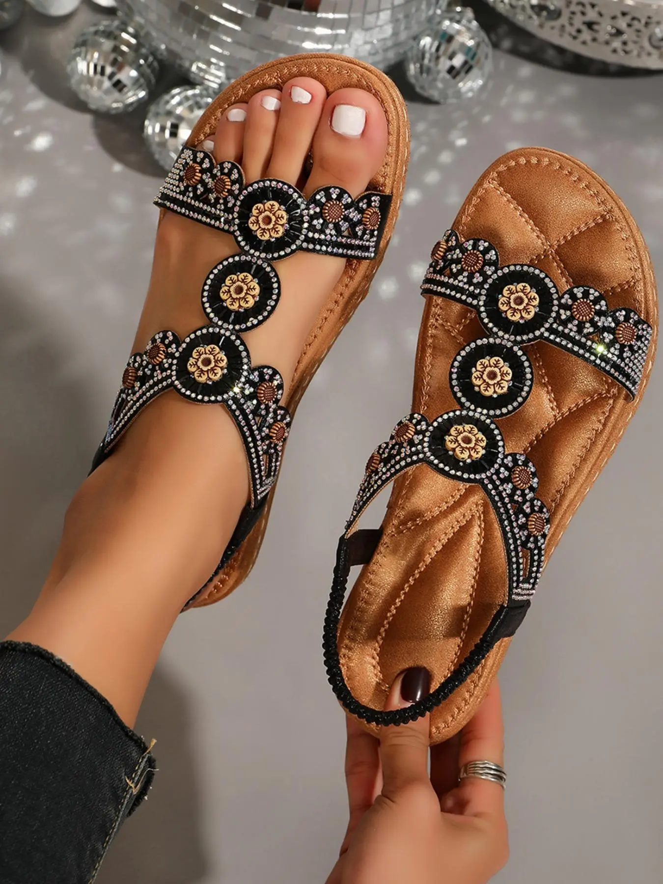 Women's Boho Style Rhinestone Decorated Slip on Sandals, Casual Trendy Flat Sandals, Fashionable Shoes for Daily Wear, Summer