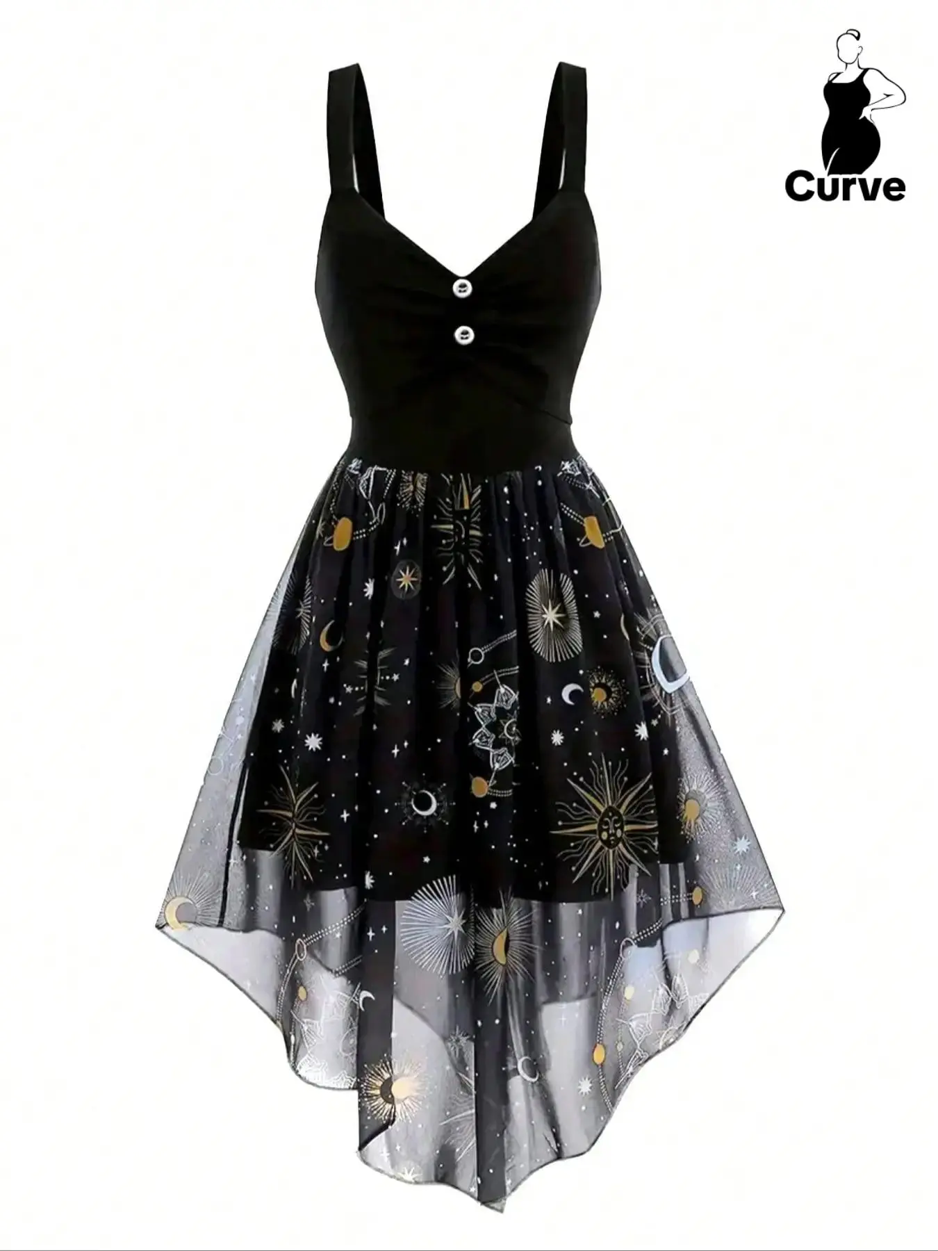 Costume Plus Size Patchwork Galaxy Print Contrast Mesh Ruched Tank Dress, Casual Sleeveless High Low Button A-Line Dress for Vacation Holiday, Halloween Women's Plus Clothing for Summer
