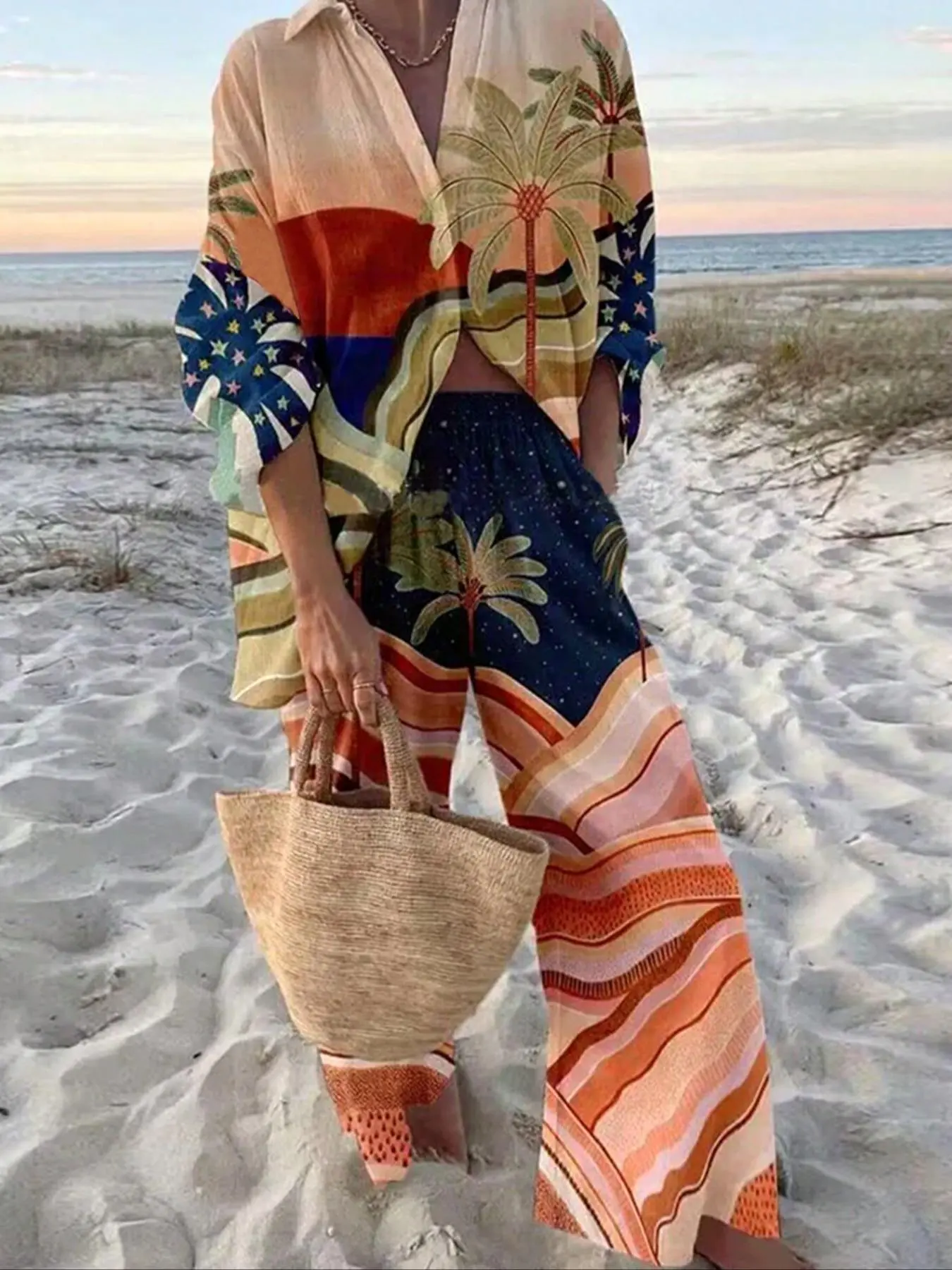 Women's Abstract Print Long Sleeve Open Front Kimono & Wide Leg Pants Two-piece Set, Boho Casual Two Piece for Beach Vacation Holiday, Ladies Summer Clothes