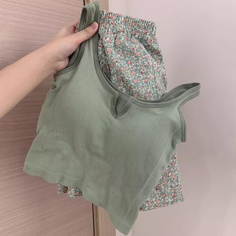 Bộ Đồ Ngủ Áo Vest Pijama, Thiết Kế Hoa, Eo Co Giãn, Ngực Có Đệm, Quần Mặc Nhà, Bộ Đồ Mùa Hè, Dành Cho Nữ 1