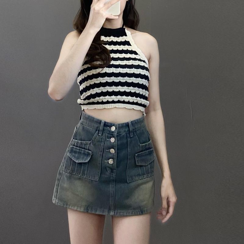 (Bigsize XS-4XL)Chân váy jean nữ 4 nút túi trước phom ngắn chữ A lưng cao lót quần Women