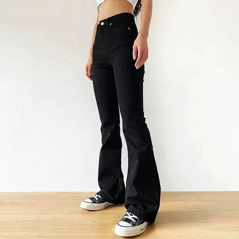 Celana jeans wanita high waist jeans cutbray Polos Panjang Stretch Vintage Loose Hitam