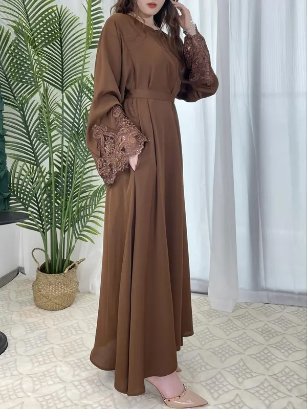 Arabic Clothing-Women Embroidered Abaya Dress, Fashion Contrast Lace Long Bell Sleeve Loose Maxi Arabian Dress with Belt, Islamic Clothes Caftan, Maxi Dresses for Women, Summer Outfits 2024, Bridal Abaya 8