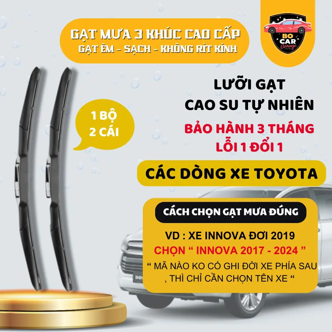 Gạt Mưa 3 Khúc Dòng Xe Toyota | luoi Gạt Cao Su Cao Cấp Gạt Sạch Trong Kính ,Gạt Êm Không Kêu