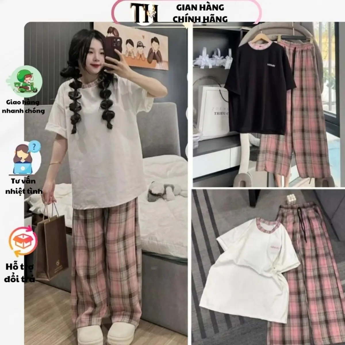 SET BỘ KẺ HỒNG In CHỮ MINMIN ĐEN TRẮNG PHONG CÁCH DỄ THƯƠNG NỮ TOP WOMEN