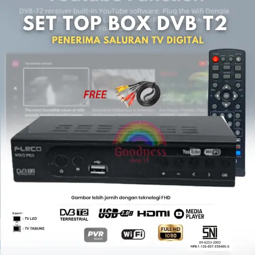SET TOP BOX DIGITAL DVB T2 UNTUK SIARAN TV DIGITAL ADA 2 PORT USB | STB FLECO PLAT BESI ANTI PANAS SUDAH SNI GAMBAR FULL HD (BISA YOUTUBE DAN DAPAT SEMUA CHANNEL)