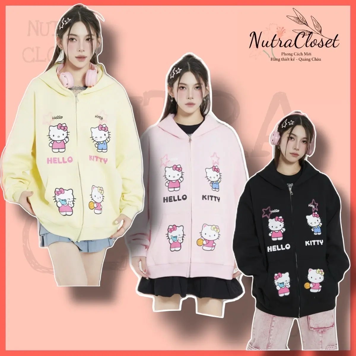 Áo khoác nỉ ngoại dây kéo in mèo kitty tạo dáng an109 unisex nam nữ