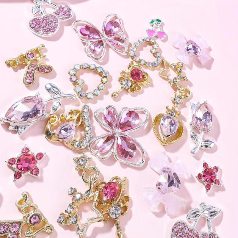 Cute Butterfly & Heart & Cherry & Bowknot Design Nail Art Charms, 24pcs/set Rhinestone Decor Nail Art Decoration, DIY Nail Art Decoration for Women & Girls 5