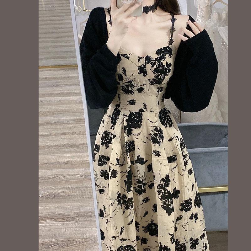Product Introduction of 2025 summer new French style vintage floral sling dress Hepburn style chic cardigan dress two piece suit 8