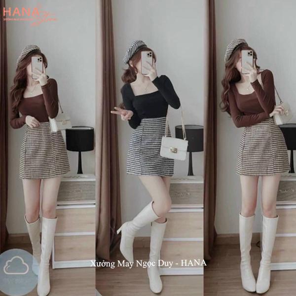 Chân váy dạ chữ A ngắn caro kẻ sọc đen trắng có lót trong dáng chân váy caro lưng cao mặc công sở đi biển học hẹn hò