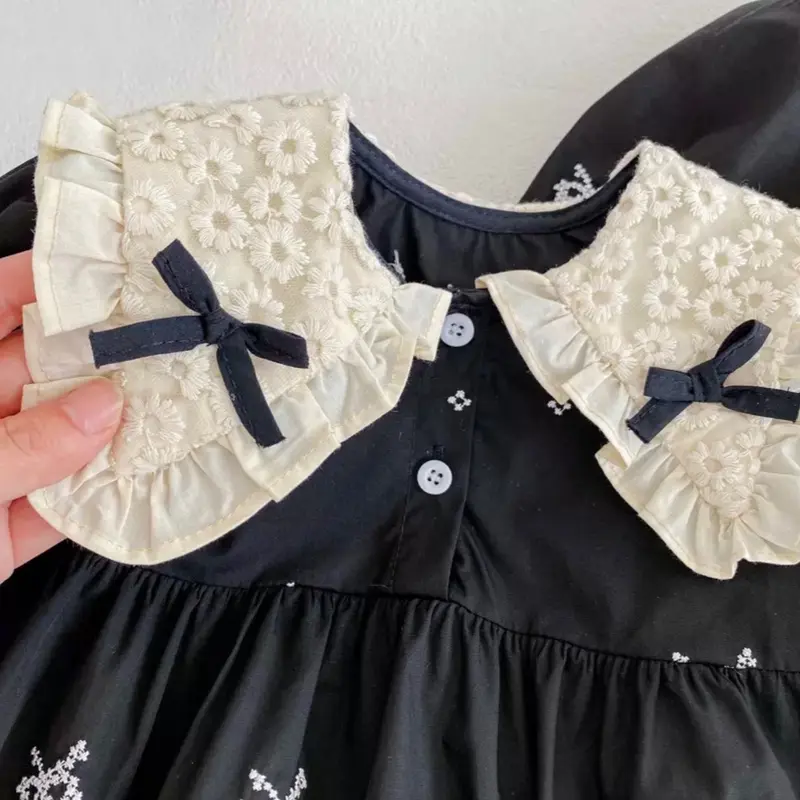 Dress dan Romper Krah Kupu Pita Couple Kakak Adik Anak Perempuan / Cewek Newborn sampai 3 tahun | Baju lebaran | Baju Kembar | Ootd Lengan Panjang Hitam 7