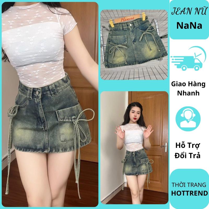 Chân váy jean nữ thắt nơ màu rêu lưng cao co giãn chất vải mềm mại phối đồ siêu xinh Kem Women