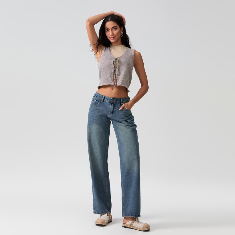 Product Introduction of Women Casual Low Rise Jeans Fashion Loose Straight Leg Denim Pants with Pockets for Summer Spring 54