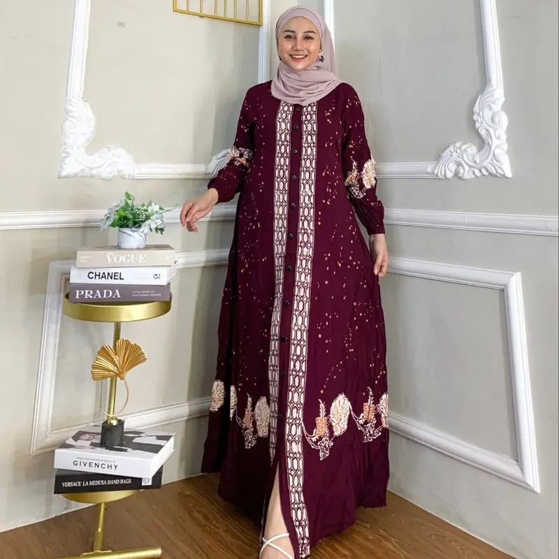 Naya Batik - Gamis Twill Ori Pekalongan Cap Malaman Motif Bukan Sablon Dress Muslim Wanita Tanpa Rempel Lengan Karet Full Kancing Tali Samping 4