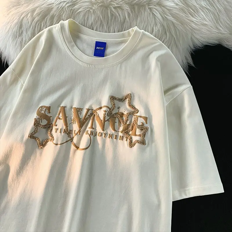 [Cod] European and American High Street Short-Sleeved T-shirt Women's Loose Trendy National Fashion Neutral Hong Kong Style Half Sleeve Men and Women