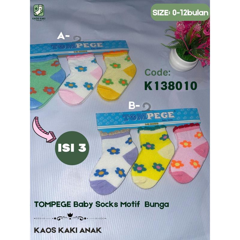 Kaos Kaki Anak Paket Isi 3pcs Pendek Warna-Warni Motif Umur 0-12 Bulan | Tompege Baby Socks | Kos Kaki 3