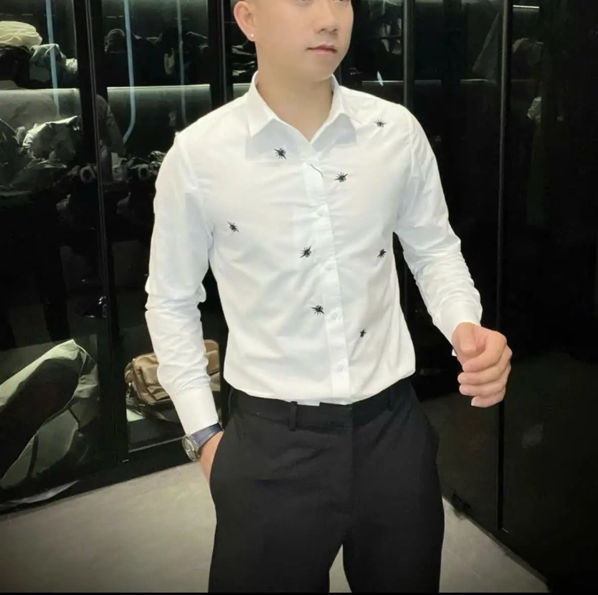Áo sơ mi nam ngắn tay , Dài tay hoạt tiết đơn giản thêu hình Nhện trẻ trung chuẩn menswear nhện