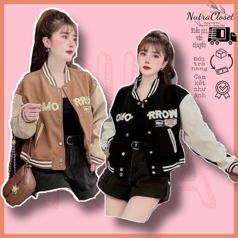 Áo khoác lửng croptop bóng chày bomber kaki da lộn 2 lớp thêu chữ unisex nam nữ