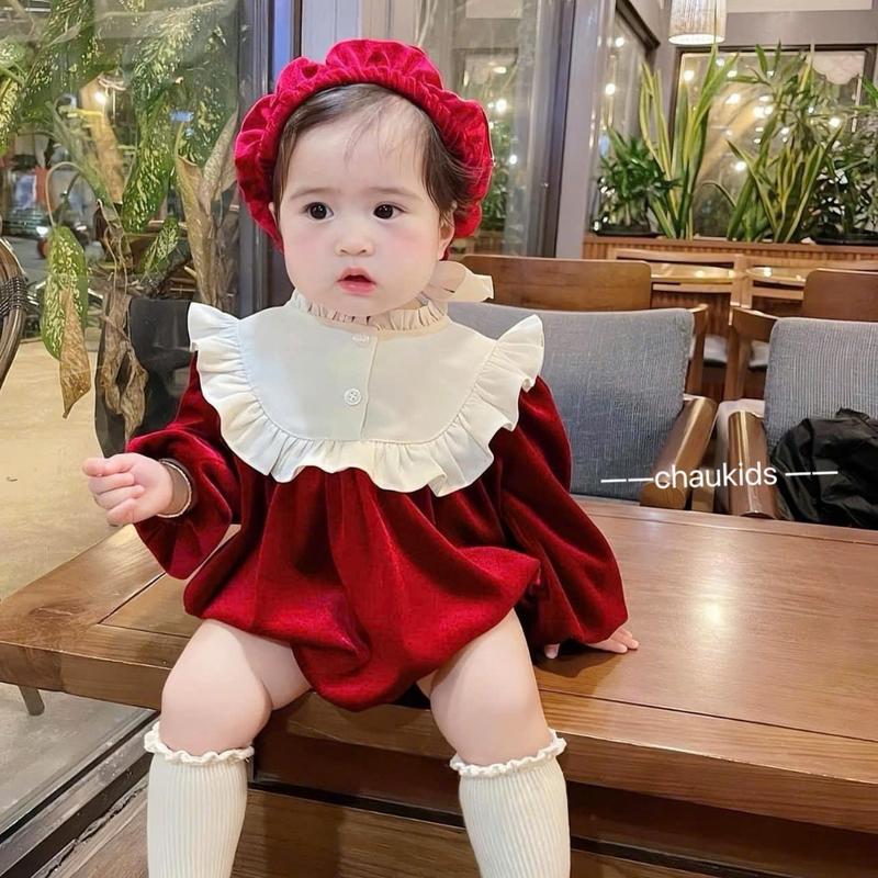 SALE BODY NHUNG ĐỎ KÈM MŨ XINH YÊU CHO BÉ GÁI 4-12KG(BDN)