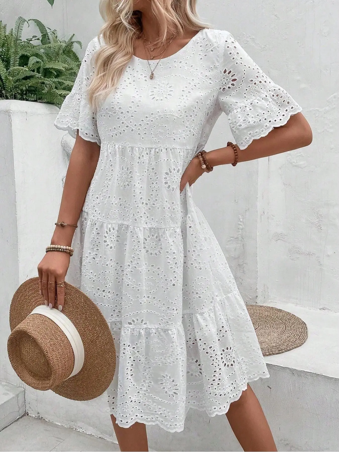 Women's Solid Color  Hollow Out Dress, Elegant Short  Sleeve  A Line Dress for Summer, Ladies Clothes for Beach Holiday Vacation