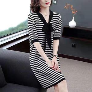 Free shipping New Bowknot Tie Stripe Short sleeve Dresses Loose Oversize Korean Casual V-Neck Women Long T-shirt dress Summer Shift Dress