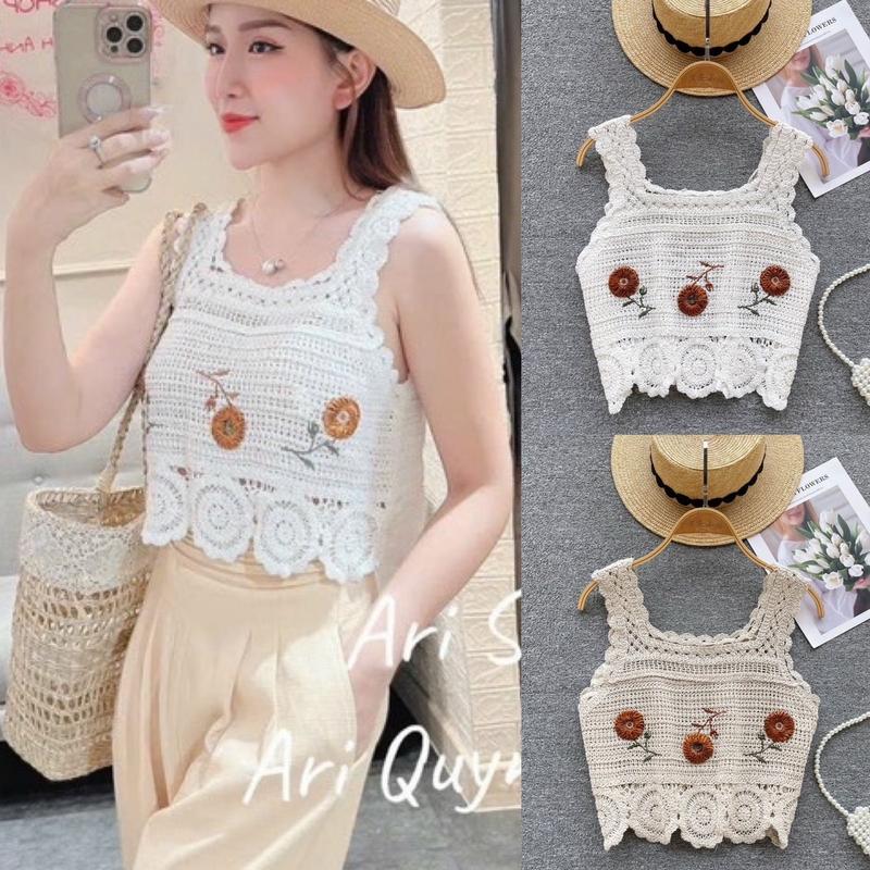 Áo len móc không tay thêu hoa croptop, áo 2 dây nữ mùa hè xinh xắn hàng QC