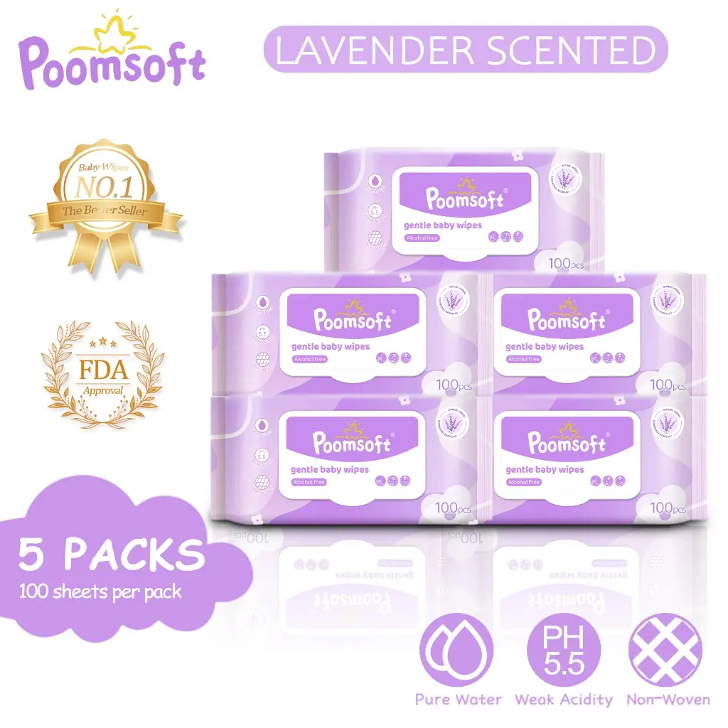 Poomsoft 5 Packs x 100 Sheet Lavender Scented No-Alcohol Gentle Wipes ...