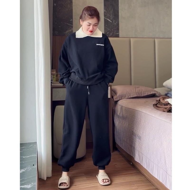 308 BIGGSIZE Set bộ nỉ nữ áo swt nỉ phối len thêu chữ nhỏ kèm quần bo gấu cạp chun Women Top