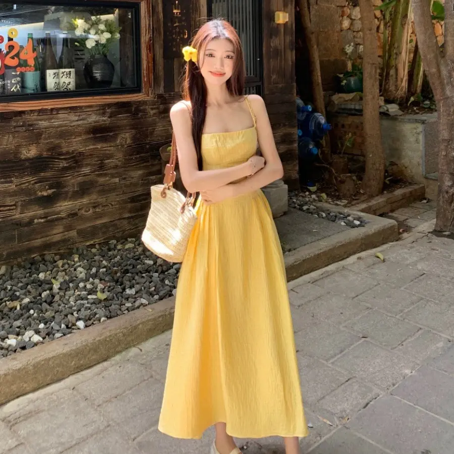 Váy Phong Cách Pháp, Hàng Mới Về Mùa Hè, Cỡ Nhỏ Màu Vàng, Váy Dài Thanh Lịch, bó Eo, Thích Hợp Đi Kỳ Nghỉ Trên Bãi Biển, Dành Cho Nữ