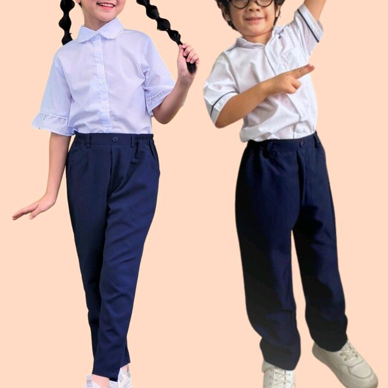 quần tây học sinh 1 nút  nam nữ mặc được.có 1 màu xanh .và đen lưng liền và bo chun sau ms 76 Baggy