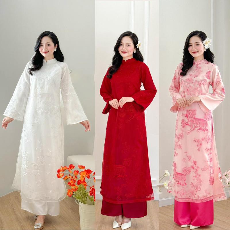 Áo Dài Hồng Sư, Áo Dài Cách Tân 4 Tà, Form Xuông, Tơ thêu Kỳ Lân, Tay Loe Dài - Áo Dài Thanh Hà Nữ Women Dress Sen ao dai cuoi