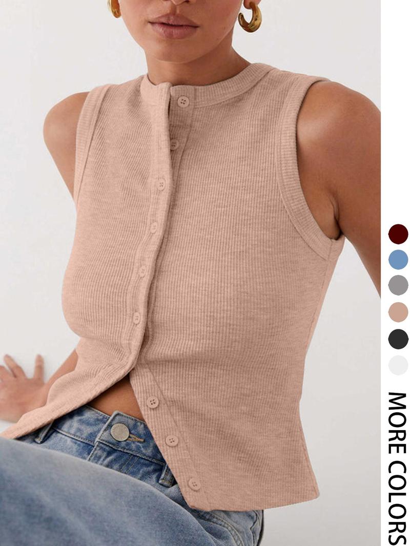 Product Introduction of Women's Plain Button Front Ribbed Tank Top, Casual Sleeveless Round Neck Top for Daily Wear, Ladies Clothes for All Seasons, Tank Tops for Women, Back to School Clothes, Girl Gifts, Loser Core Outfits Womenswear Tube 8