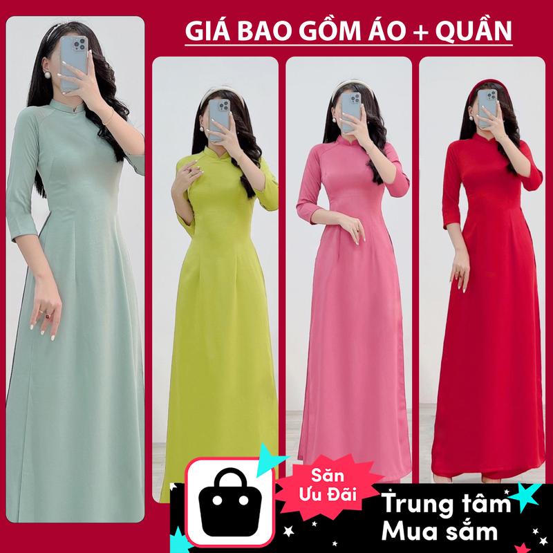 SẴN HÀNG Bộ áo dài trơn vải lụa Tây Thi dáng truyền thống tà A Cổ chữ V - Thời trang Nữ Dress Đỏ và các màu Women