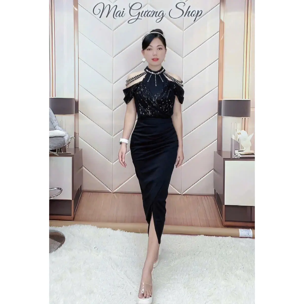 Mai Gương Shop V3398 Váy Thiết Kế Dự Tiệc Phối Kim Sa Kết Ngọc Đá Sang Trọng