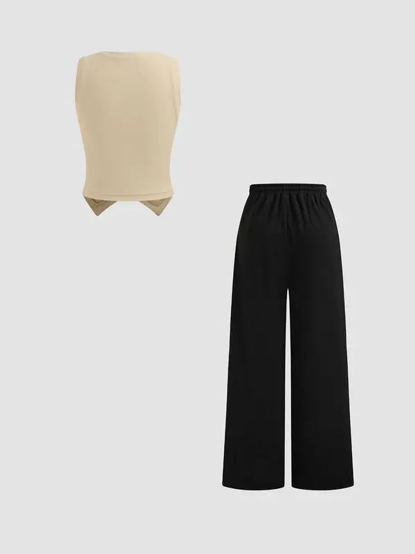Women's Solid Color V Neck Button Front Tank Top & Tie Front Straight Leg Pants Two-piece Set, Casual Fashion Cozy Two Piece Outfits for Daily Outdoor Wear, Ladies Clothes for All Seasons 7