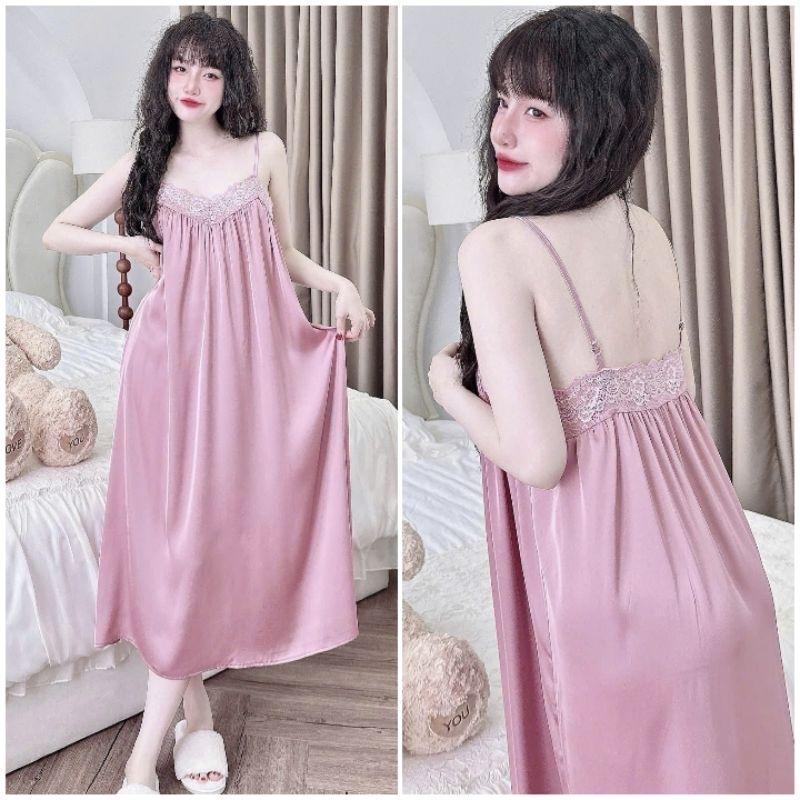  Lụa Latin & Ren mềm mại QCCC Đồ ngủ babydoll cho nữ - Váy ngủ tiểu thư 2 dây bigsize dưới 80kg - Thiết kế viền ren thêu hoa sang trọng - Phù hợp mặc nhà và bầu bí - dongutieuthu damngu2day dongunumacnha 