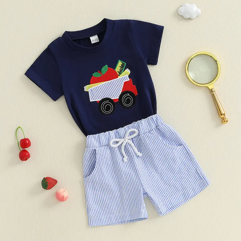 Toddler Boy Summer Outfits Apple Embroidery Round Neck Short Sleeve Tops with Stripe Shorts Outfit