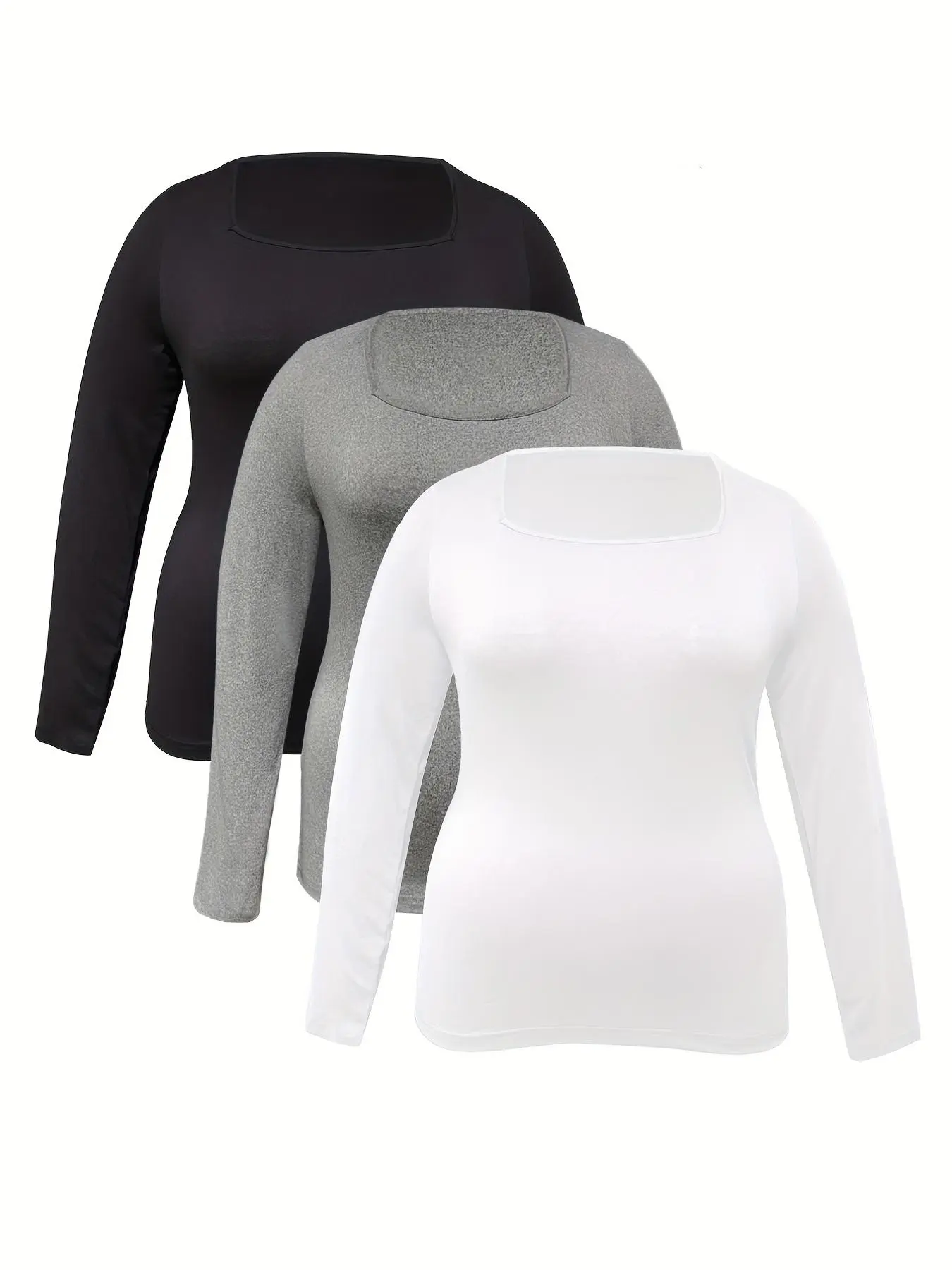 【Plus Size】 Solid Long Sleeves Square Neck Tee, Casual Fashion Comfy Comfortable T-shirt for Spring & Fall, Women's Plus Size Clothes for Daily Wear, Minimalist Basic Tops, Going Out Tops, T Shirts for Women