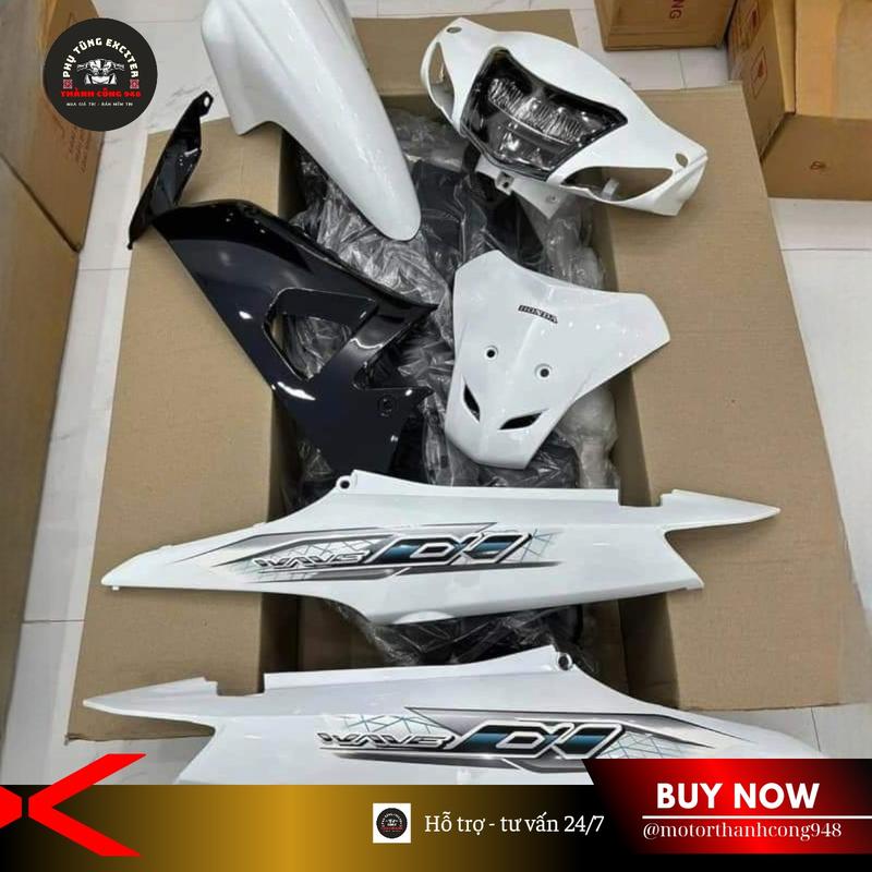 Dàn áo Wave 100 Trắng Đen mẫu tem Wave - Tặng choá đèn trước,sau  Decal Tem Nhãn Dán